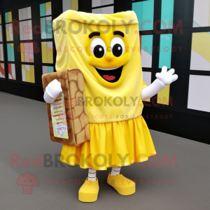 Yellow Chocolate Bar mascot costume character dressed with a Skirt and Wraps