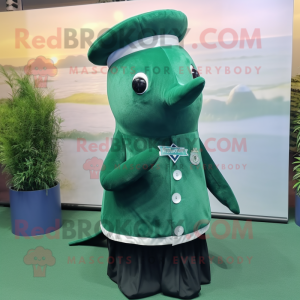 Forest Green Narwhal mascot costume character dressed with a Skirt and Caps