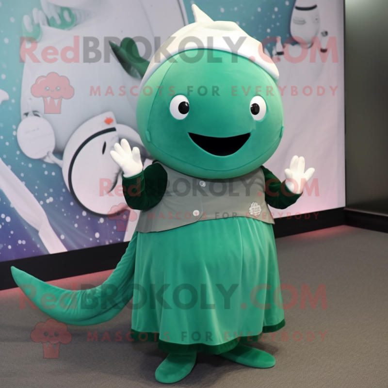 Forest Green Narwhal mascot costume character dressed with a Skirt and Caps