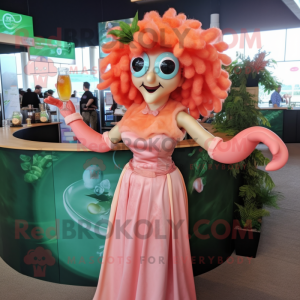 Peach Medusa mascot costume character dressed with a Cocktail Dress and Headbands