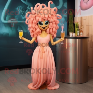 Peach Medusa mascot costume character dressed with a Cocktail Dress and Headbands