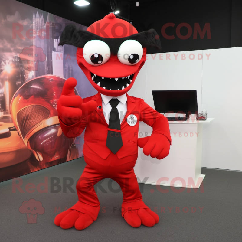 Red Hydra mascot costume character dressed with a Suit and Eyeglasses