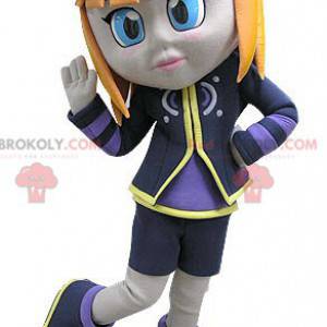 Mascot pretty redhead girl dressed in blue and purple -