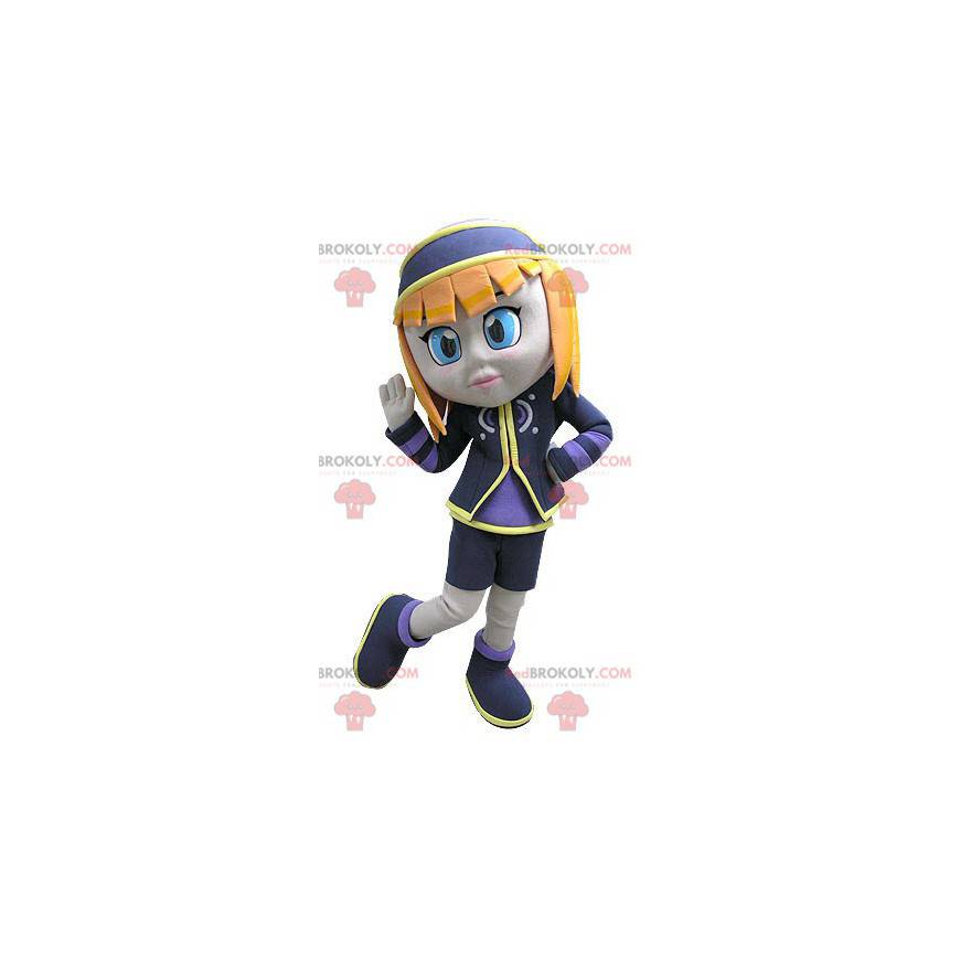 Mascot pretty redhead girl dressed in blue and purple -