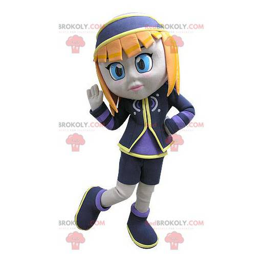 Mascotte bella ragazza rossa vestita di blu e viola -
