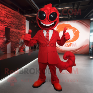 Red Hydra mascot costume character dressed with a Suit and Eyeglasses