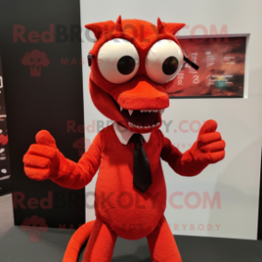 Red Hydra mascot costume character dressed with a Suit and Eyeglasses