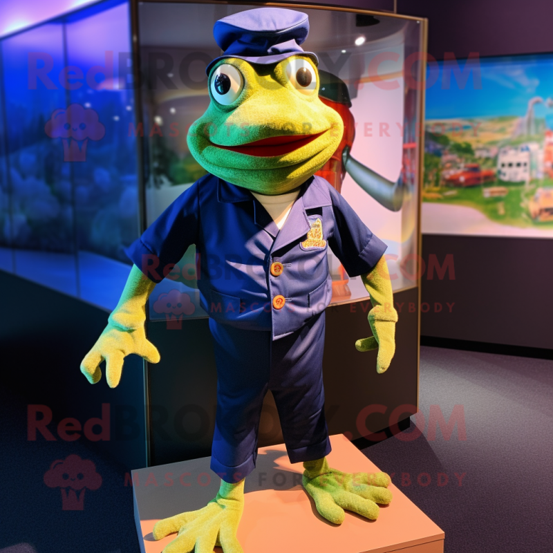 Navy Frog mascot costume character dressed with a Polo Shirt and Belts