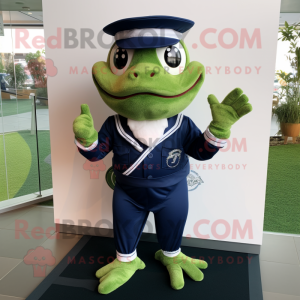 Navy Frog mascot costume character dressed with a Polo Shirt and Belts
