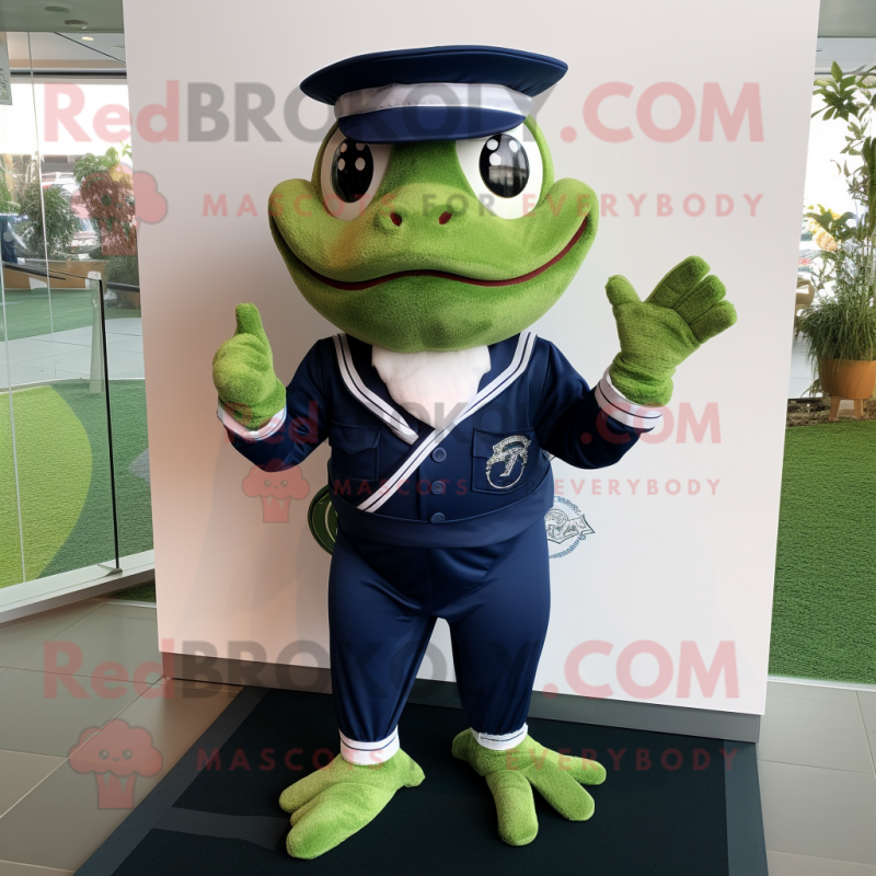 Navy Frog mascot costume character dressed with a Polo Shirt and Belts Navy Frog mascot costume character dressed with a Polo Shirt and Belts