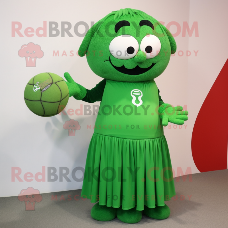Forest Green Handball Ball mascot costume character dressed with a Empire Waist Dress and Mittens Forest Green Handball Ball mascot costume character dressed with a Empire Waist Dress and Mittens
