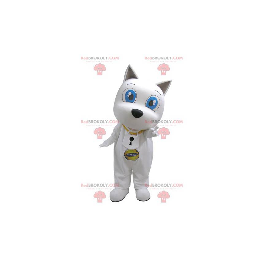 Biały pies maskotka z dużymi niebieskimi oczami - Redbrokoly.com
