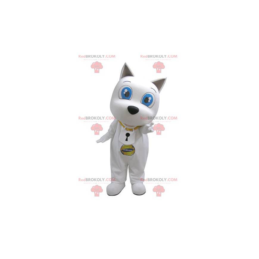 Mascotte de chien blanc avec de grands yeux bleus -