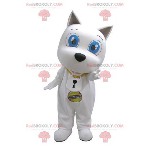 Mascote cachorro branco com grandes olhos azuis - Redbrokoly.com