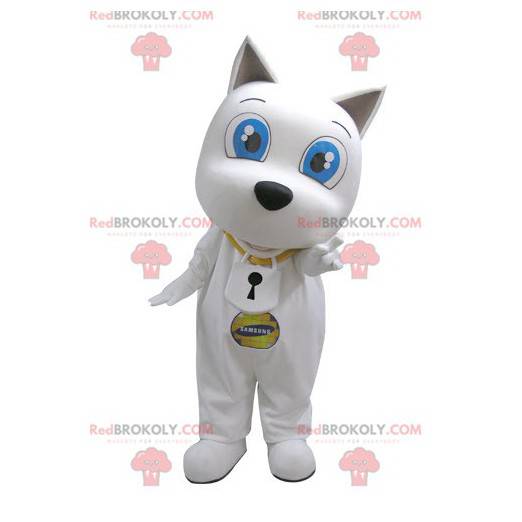 Mascotte de chien blanc avec de grands yeux bleus -