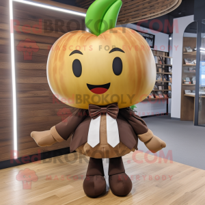 Brown Apple mascot costume character dressed with a Culottes and Bow ties