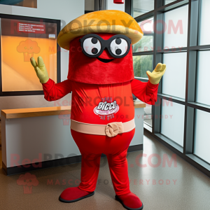 Red Tacos mascot costume character dressed with a Button-Up Shirt and Sunglasses