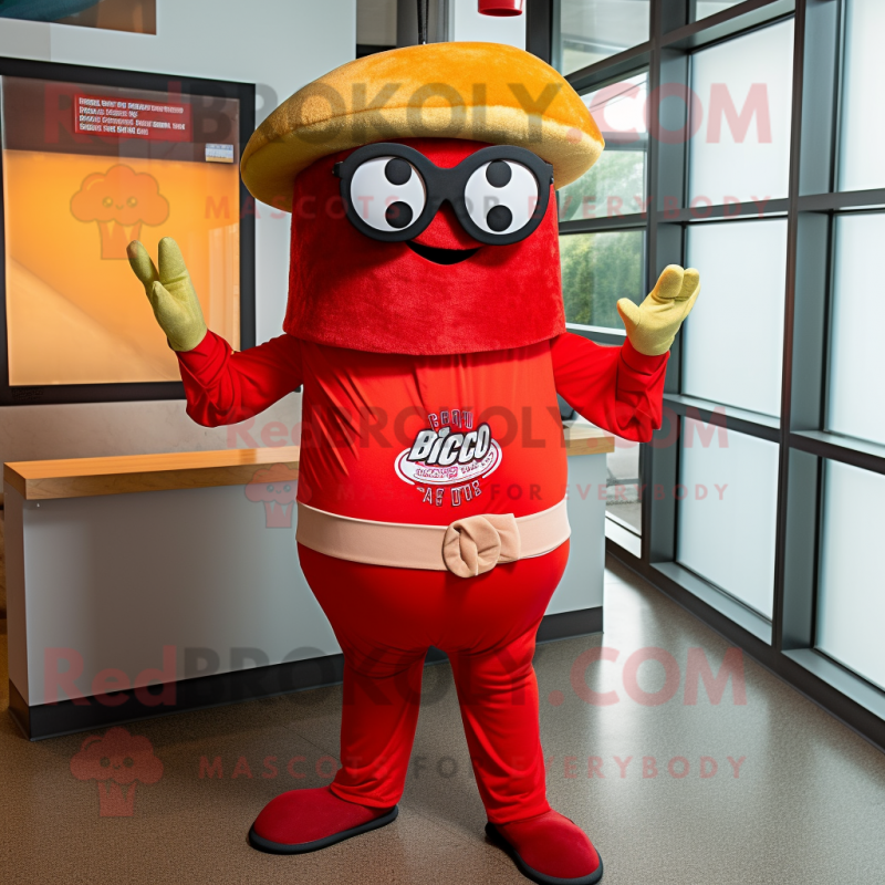 Red Tacos mascot costume character dressed with a Button-Up Shirt and Sunglasses Red Tacos mascot costume character dressed with a Button-Up Shirt and Sunglasses