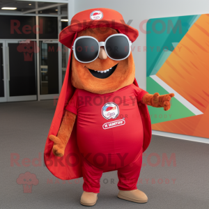 Red Tacos mascot costume character dressed with a Button-Up Shirt and Sunglasses