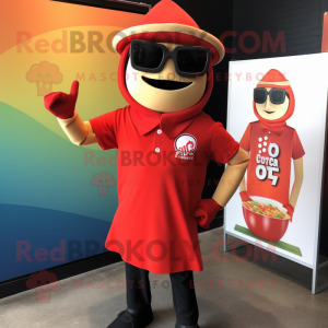 Red Tacos mascot costume character dressed with a Button-Up Shirt and Sunglasses