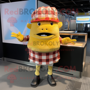 Yellow Pulled Pork Sandwich mascot costume character dressed with a Flannel Shirt and Beanies