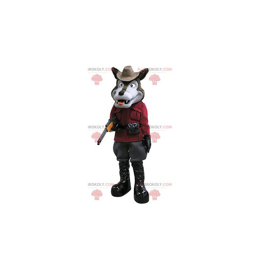 Brun och grå vargmaskot i hunterdräkt - Redbrokoly.com