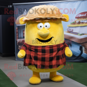 Yellow Pulled Pork Sandwich mascot costume character dressed with a Flannel Shirt and Beanies