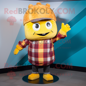 Yellow Pulled Pork Sandwich mascot costume character dressed with a Flannel Shirt and Beanies