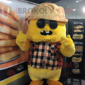 Yellow Pulled Pork Sandwich mascot costume character dressed with a Flannel Shirt and Beanies