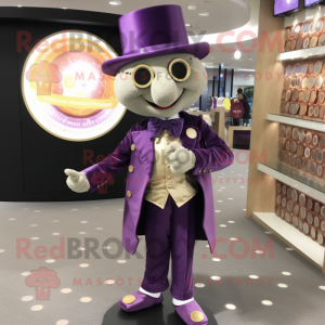 Purple Champagne mascot costume character dressed with a Suit Jacket and Coin purses