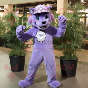 Lavender Panther mascot costume character dressed with a Skinny Jeans and Hat pins