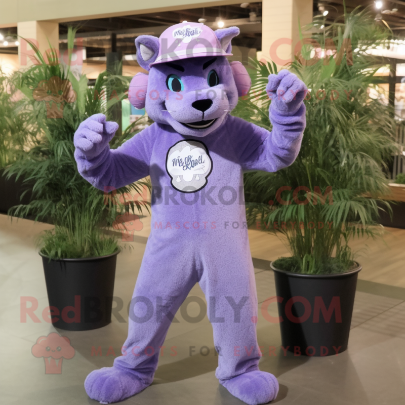 Lavender Panther mascot costume character dressed with a Skinny Jeans and Hat pins Lavender Panther mascot costume character dressed with a Skinny Jeans and Hat pins