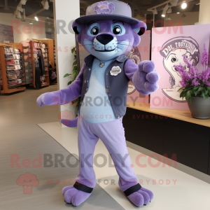 Lavender Panther mascot costume character dressed with a Skinny Jeans and Hat pins