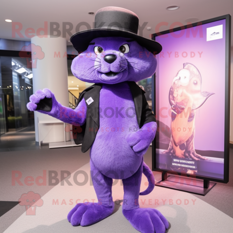 Lavender Panther mascot costume character dressed with a Skinny Jeans and Hat pins