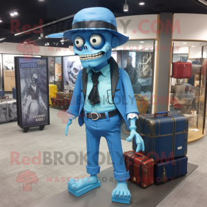 Blue Undead mascot costume character dressed with a Culottes and Briefcases