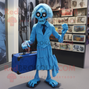 Blue Undead mascot costume character dressed with a Culottes and Briefcases