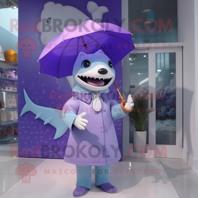 Lavender Shark mascot costume character dressed with a Raincoat and Handbags