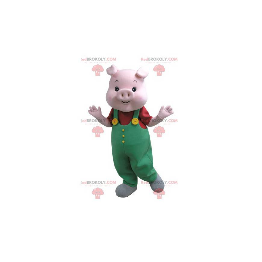 Pink pig mascot with green overalls - Redbrokoly.com