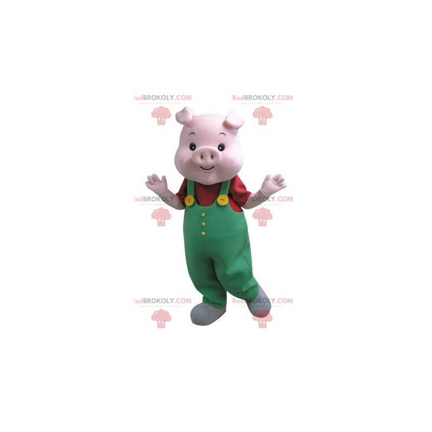 Rosa Schweinemaskottchen mit grünem Overall - Redbrokoly.com
