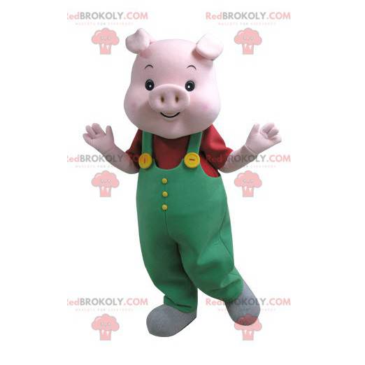 Pink pig mascot with green overalls - Redbrokoly.com