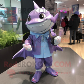 Lavender Shark mascot costume character dressed with a Raincoat and Handbags