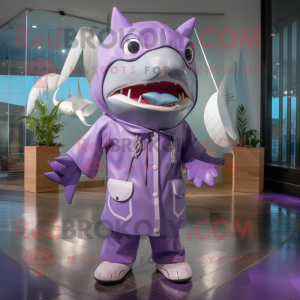 Lavender Shark mascot costume character dressed with a Raincoat and Handbags