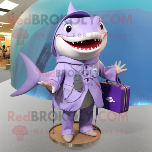 Lavender Shark mascot costume character dressed with a Raincoat and Handbags