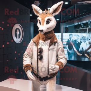 White Roe Deer mascot costume character dressed with a Leather Jacket and Necklaces