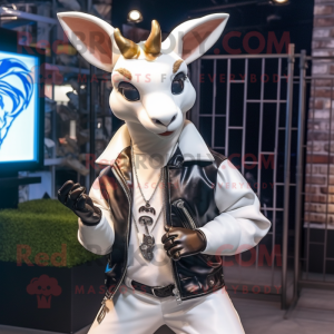White Roe Deer mascot costume character dressed with a Leather Jacket and Necklaces