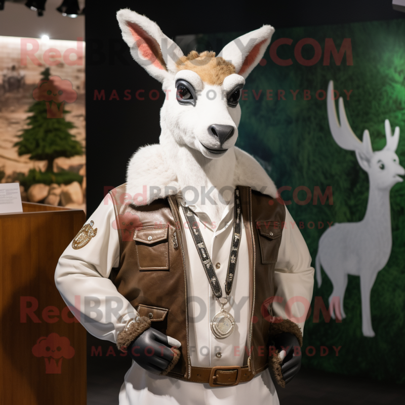 White Roe Deer mascot costume character dressed with a Leather Jacket and Necklaces White Roe Deer mascot costume character dressed with a Leather Jacket and Necklaces