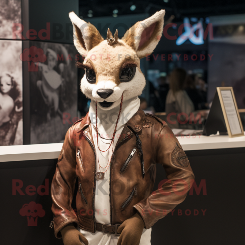 White Roe Deer mascot costume character dressed with a Leather Jacket and Necklaces White Roe Deer mascot costume character dressed with a Leather Jacket and Necklaces