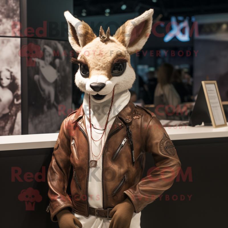 White Roe Deer mascot costume character dressed with a Leather Jacket and Necklaces