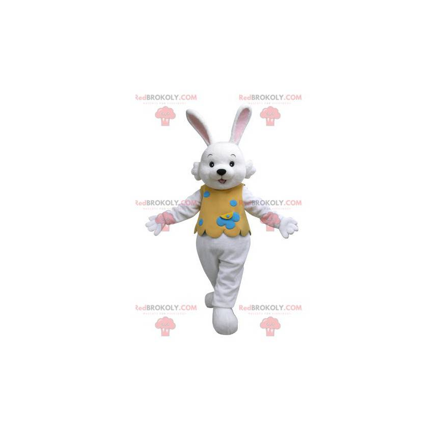 Mascote coelho branco com roupa laranja - Redbrokoly.com