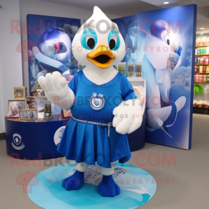 Blue Swan mascot costume character dressed with a T-Shirt and Coin purses